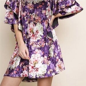 Umgee velvet floral purple ruffle sleeve bohemian dream mini dress medium